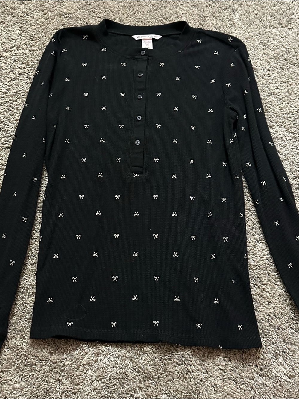 Victoria's Secret Black Long-Sleeve Henley with White Bow Motif